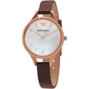 Emporio Armani Aurora Mother of Pearl White Dial Brown Leather Strap Watch For Women - AR11057